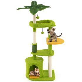 48" Cat Tree with Tropical Leaves - Self-Groomer & Scratching Posts, Space-Saving (Green+Orange) (Option: default title)