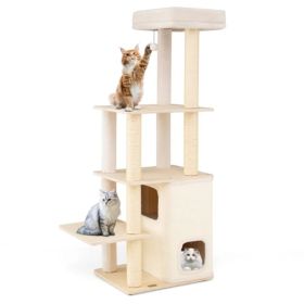63" Wooden Cat Tree - 2-Story Condo with Bamboo Interior, 5 Sisal Scratching Posts, 44 lbs Per Layer Capacity (Option: default title)